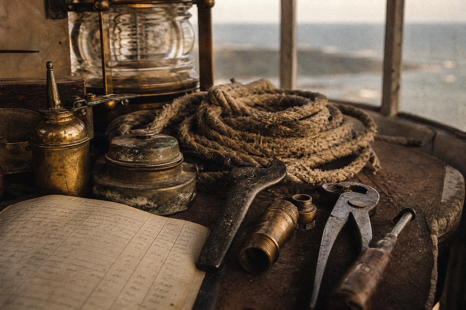 Close archive photograph of lantern-room maintenance tools and worn brass fittings.