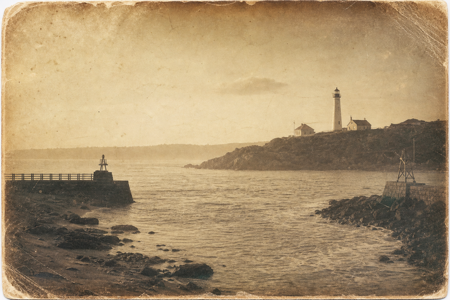 Weathered archive print showing the shoreline approach to a lighthouse harbor with faded paper grain.