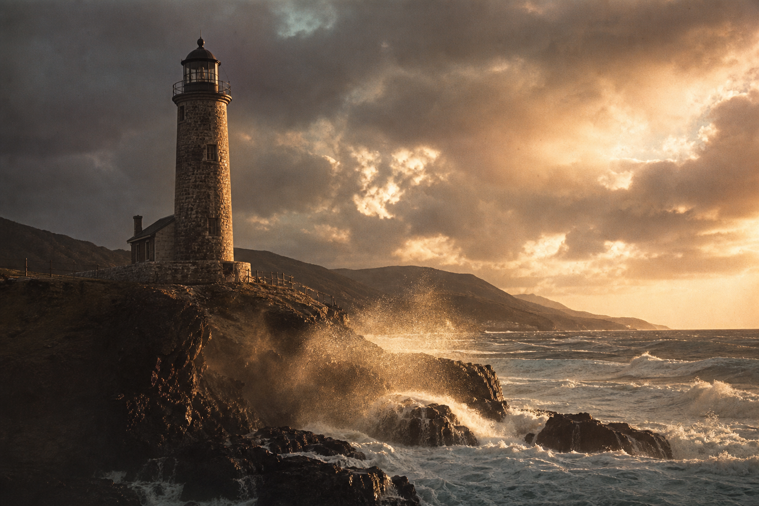 Storm-battered lighthouse exterior in late light with wind-driven sea spray and weather-darkened stone.