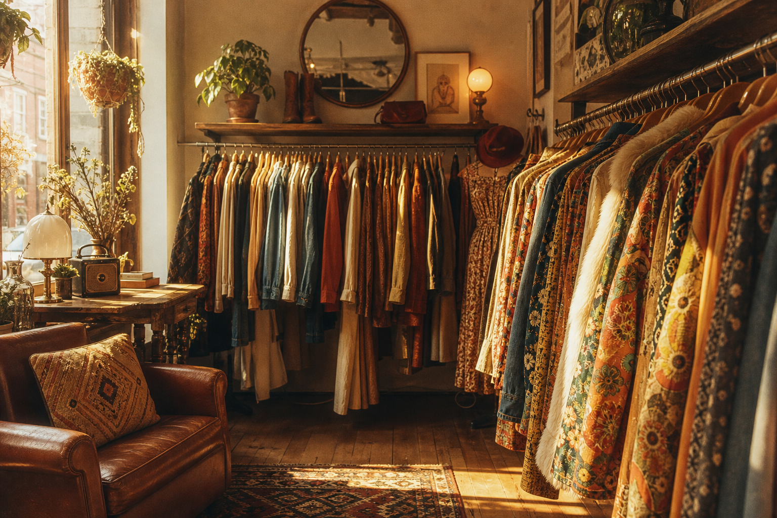 Warm boutique interior with vintage clothing rails and soft sunset light