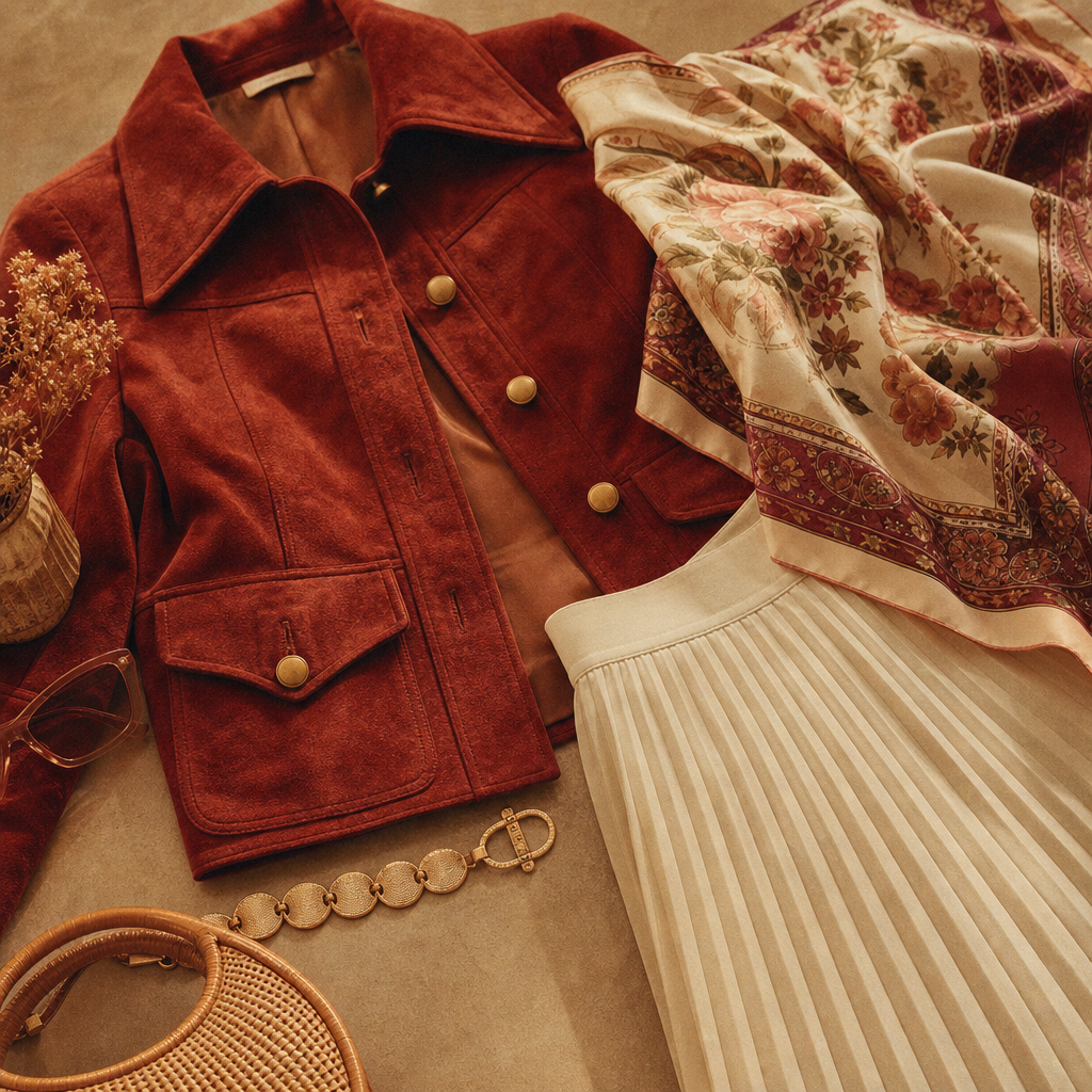 Collage of vintage jackets, pleated skirts, and textured accessories styled on a warm film set