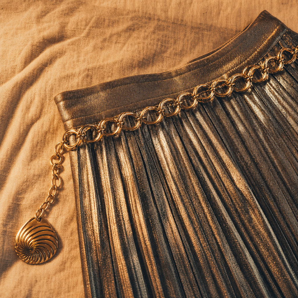 Close-up of a vintage 80s metallic pleated skirt and gold chain belt on a textured linen surface, shot with warm film grain