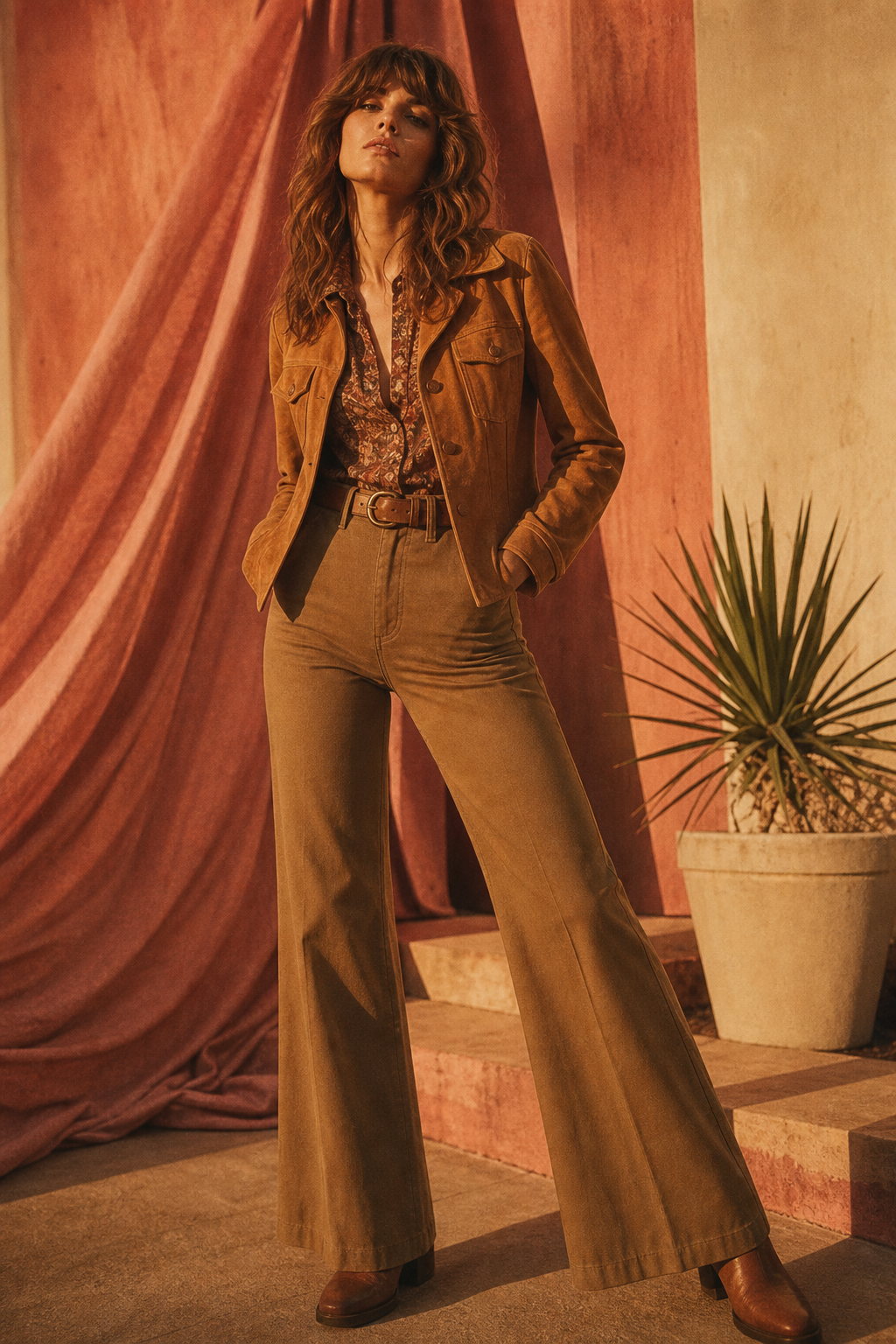 Warm film-style editorial portrait of a model in a caramel suede jacket and flared trousers, standing in golden sunset light with soft grain texture