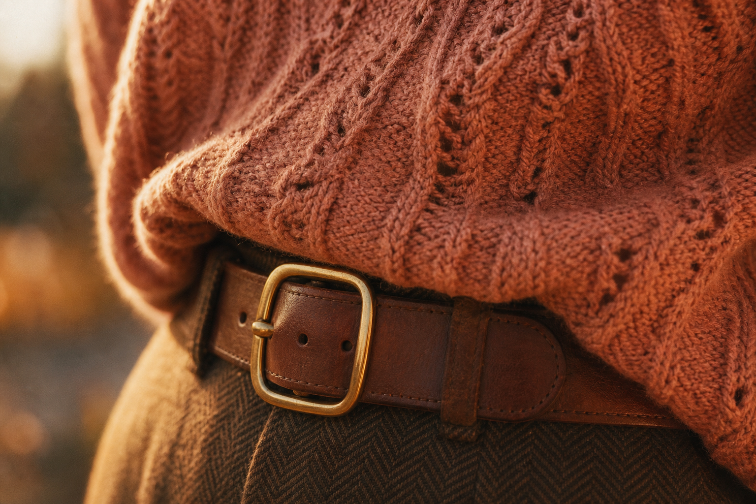 Close-up of a vintage knit sweater and leather belt with soft grain and warm sunset lighting