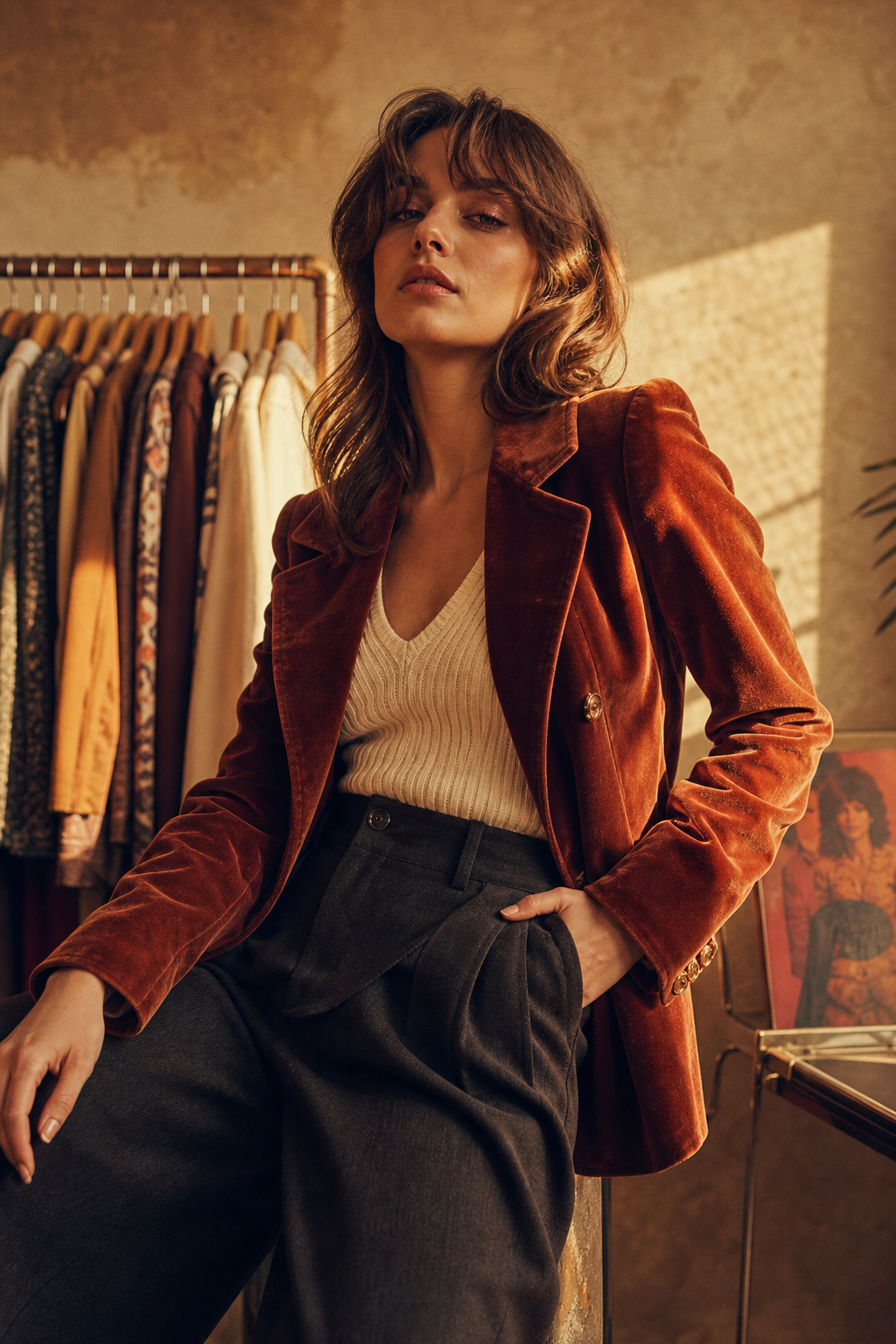 Editorial portrait of a model wearing a 70s velvet blazer and high-waist trousers in warm sunset light