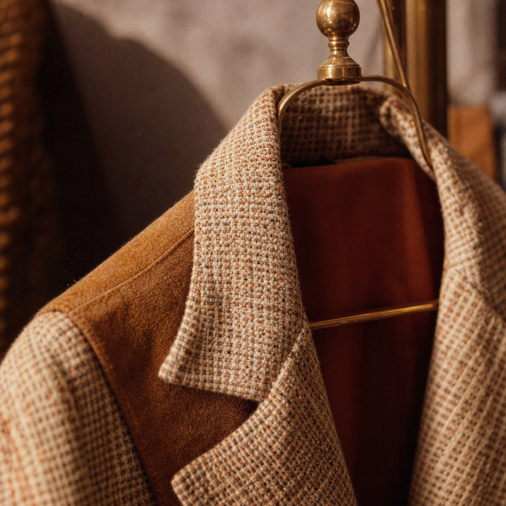Close-up of a textured 70s jacket on a brass hanger