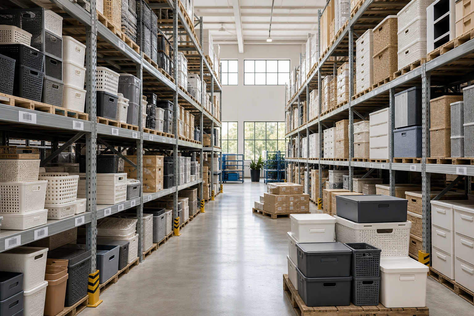 Modern warehouse shelving with organized storage boxes and household organizers ready for European B2B distribution