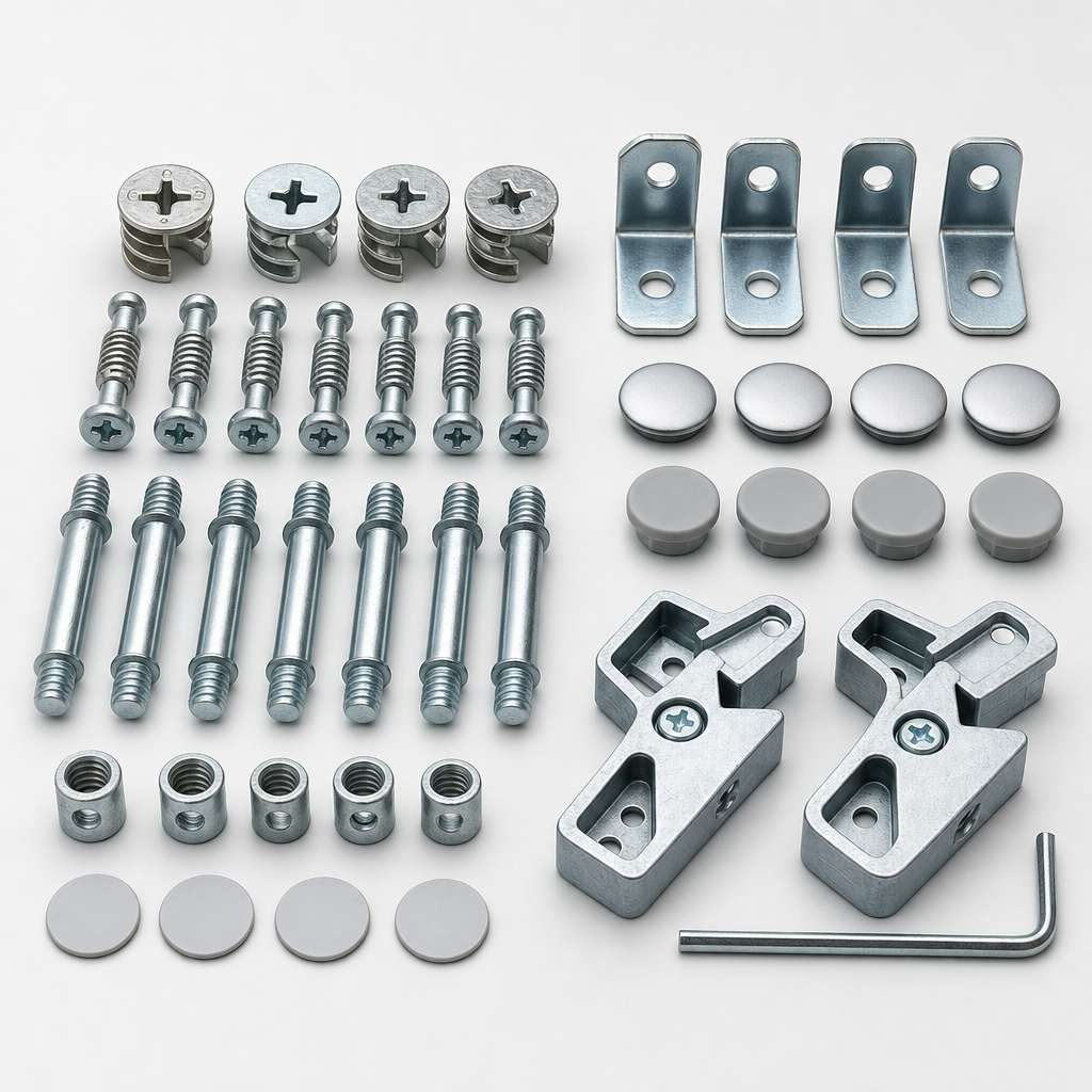 Silver assembly fitting kit with bolts and caps