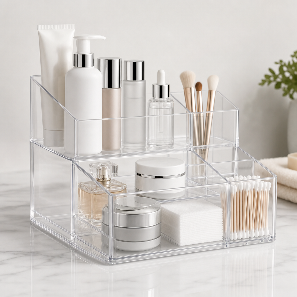 Clear acrylic bathroom cosmetic organizer with tiered compartments and smooth edges