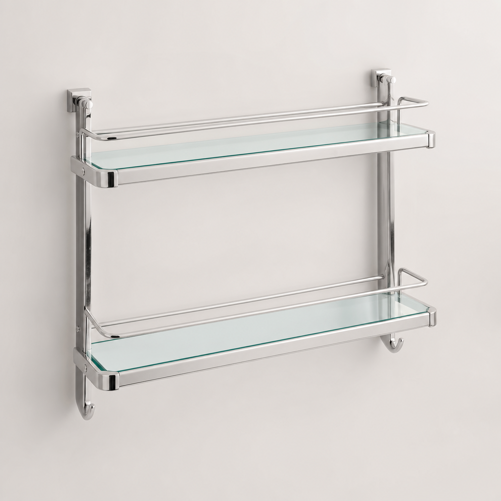 Stainless steel bathroom storage shelf with glass tiers