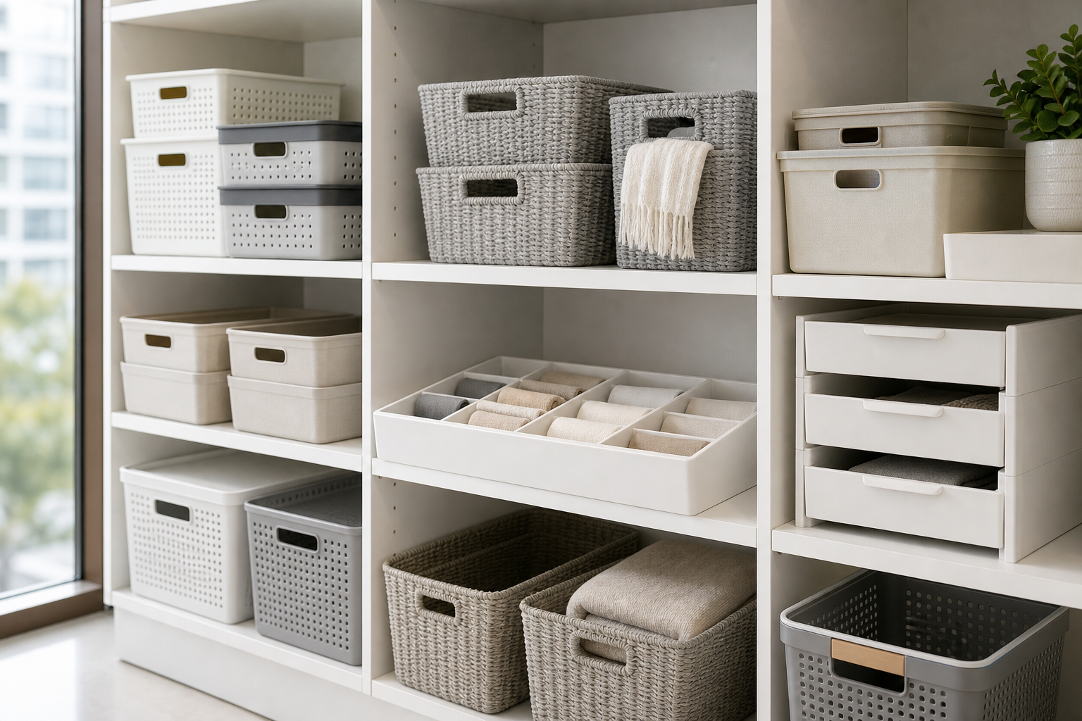 Modern assortment of neutral-colored storage boxes, woven baskets, and drawer organizers arranged on clean shelving in a bright showroom