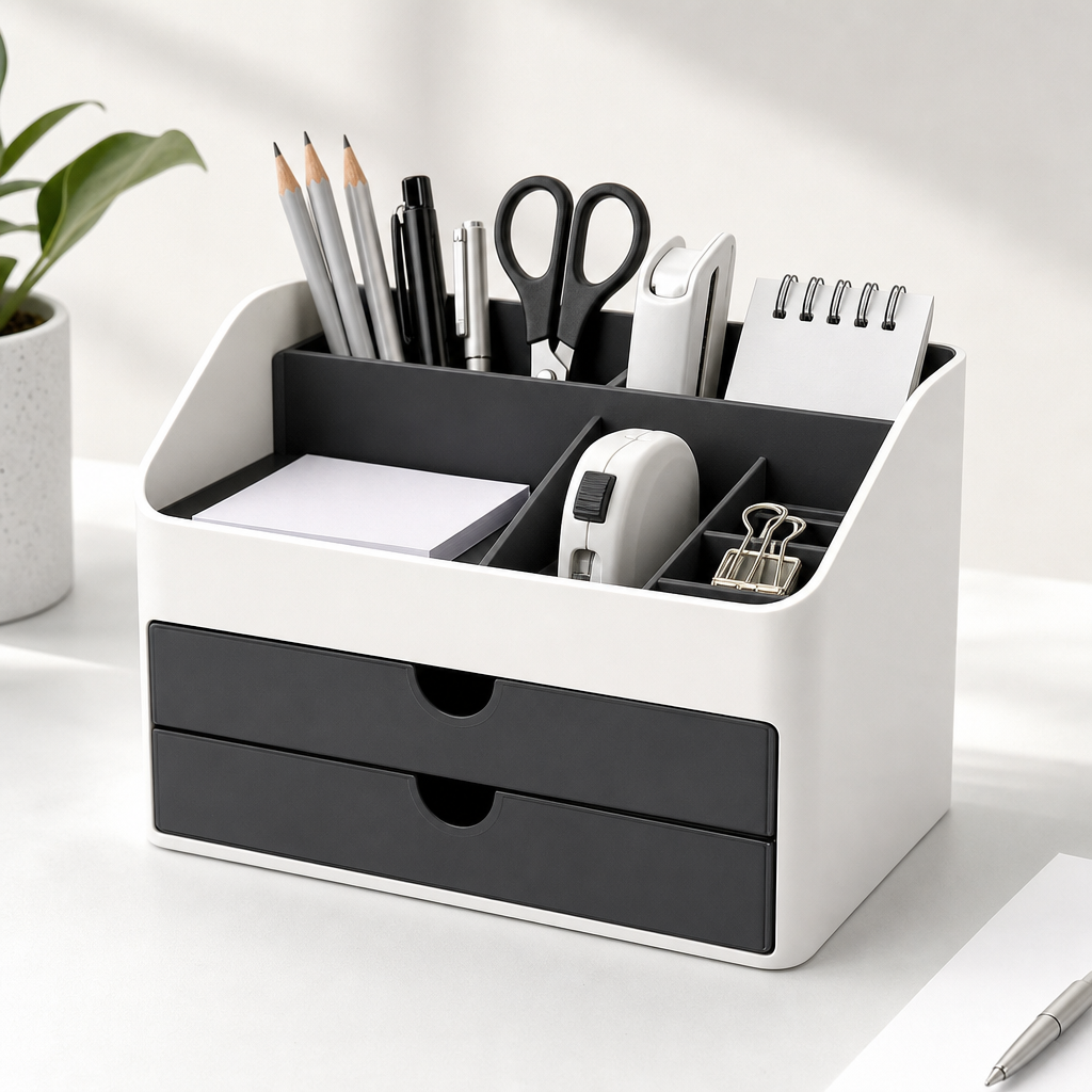 Compact white-and-graphite desktop organizer with multiple compartments and a clean matte finish