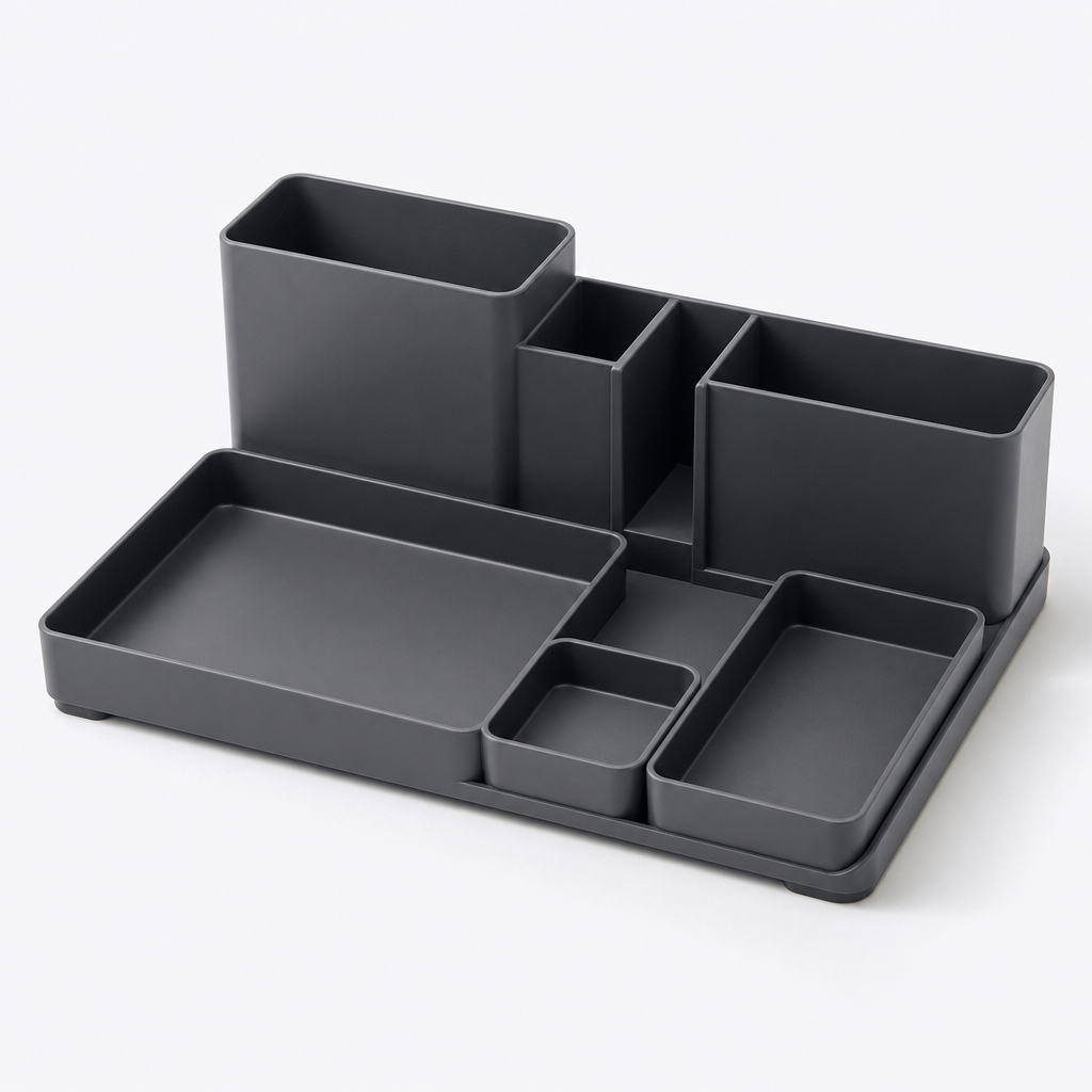 Matte graphite desktop storage organizer with tray compartments