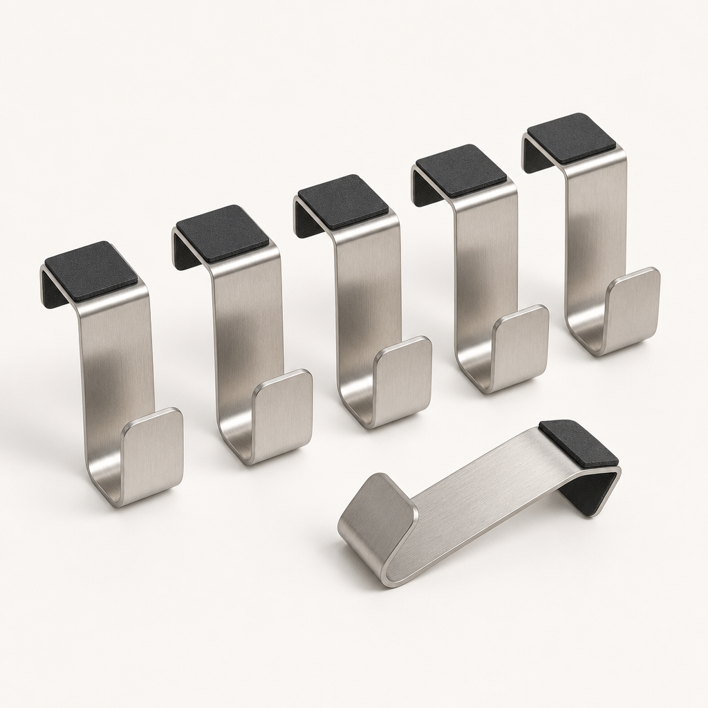 Set of brushed-steel rear-door storage hooks with protective pads