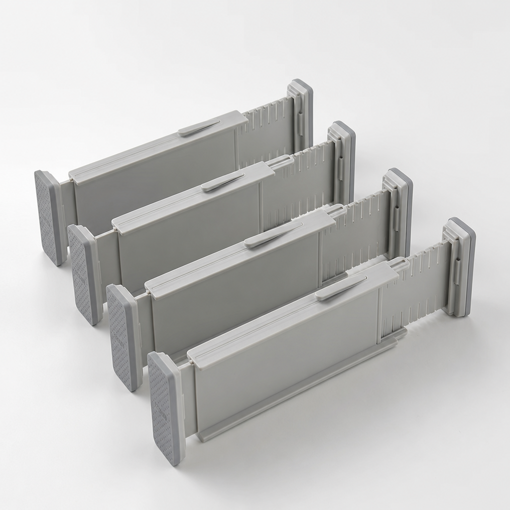 Adjustable light-gray drawer divider set with non-slip edges, photographed on a clean light background