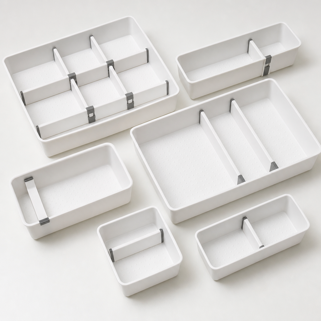 Modular white drawer organizer tray set with adjustable dividers