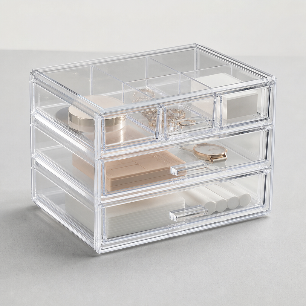 Compact transparent drawer storage box with modular compartments