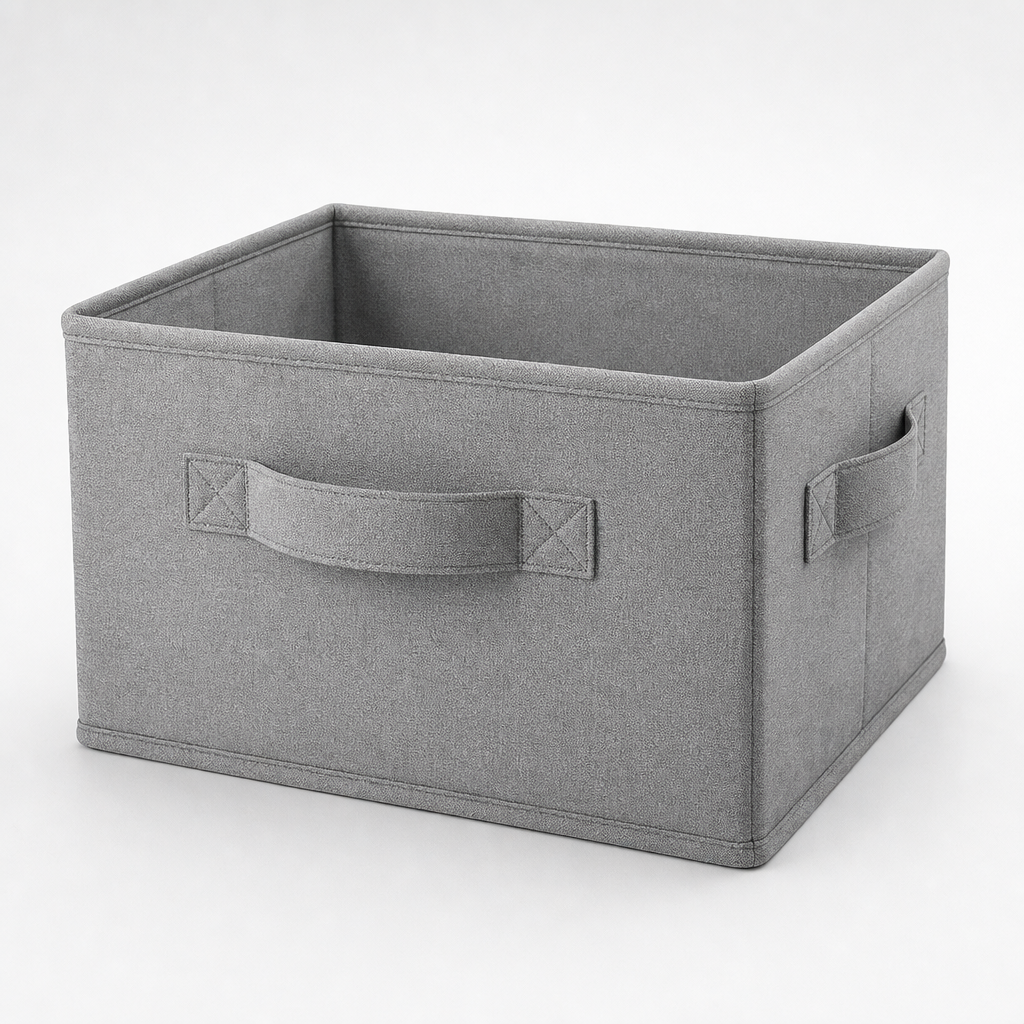 Soft gray fabric storage bin with stitched handles and structured sides