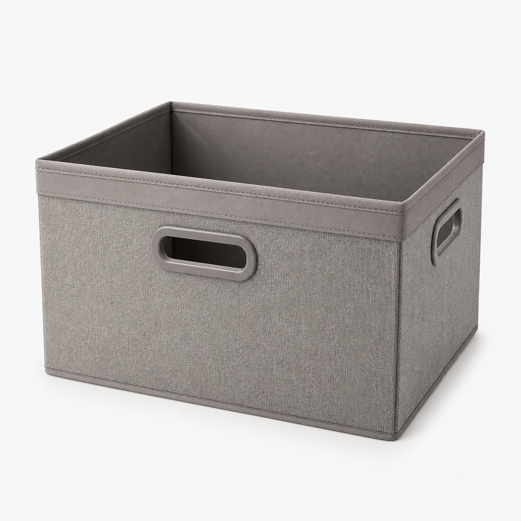 Foldable storage box in warm gray with rigid panels and handle slots
