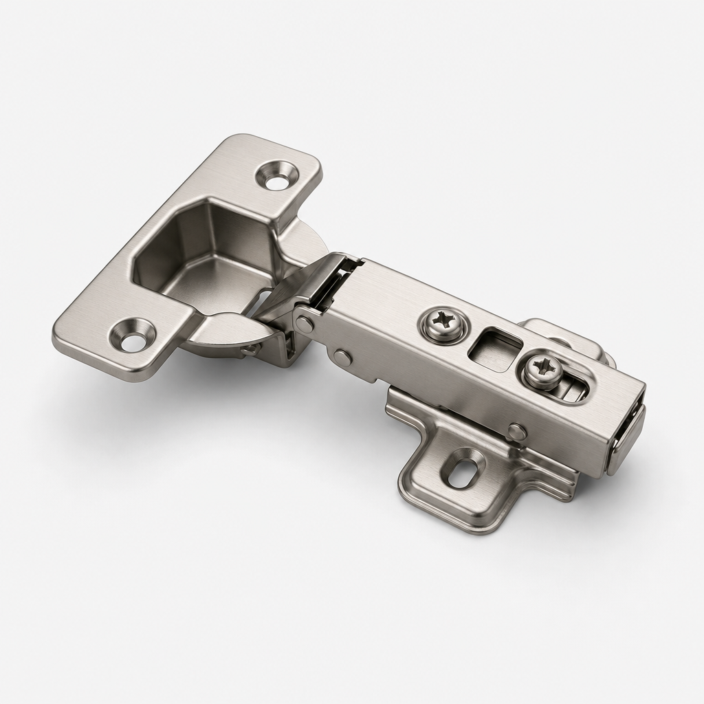 Soft-close furniture accessory hinge in brushed steel
