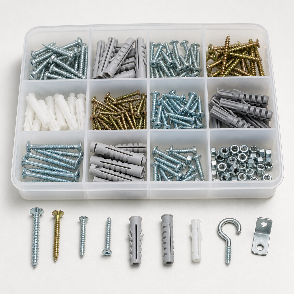 Assorted hardware fastener set with screws and anchors