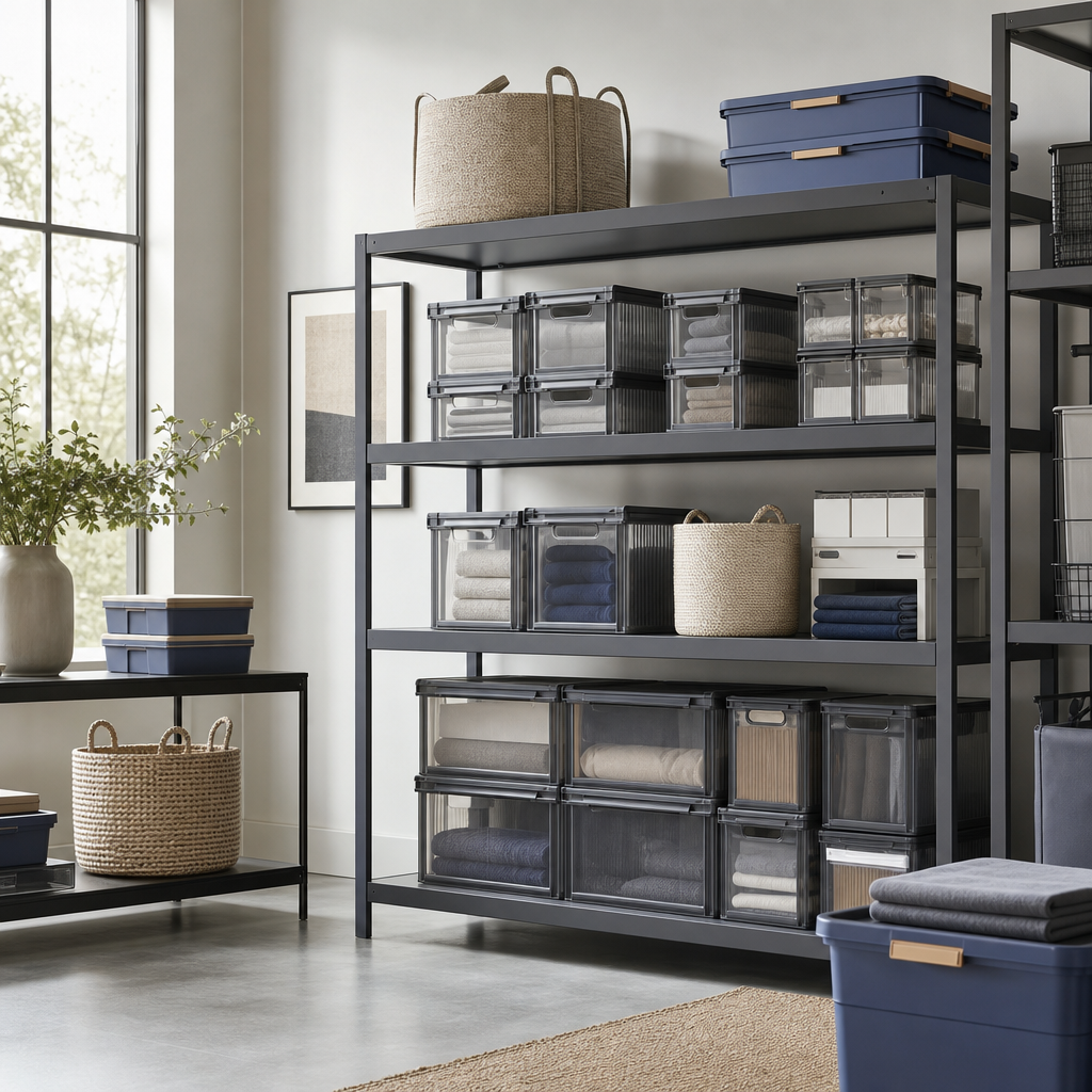 Contemporary home storage display with matte graphite shelving, translucent modular storage boxes, and woven baskets arranged in a bright European showroom