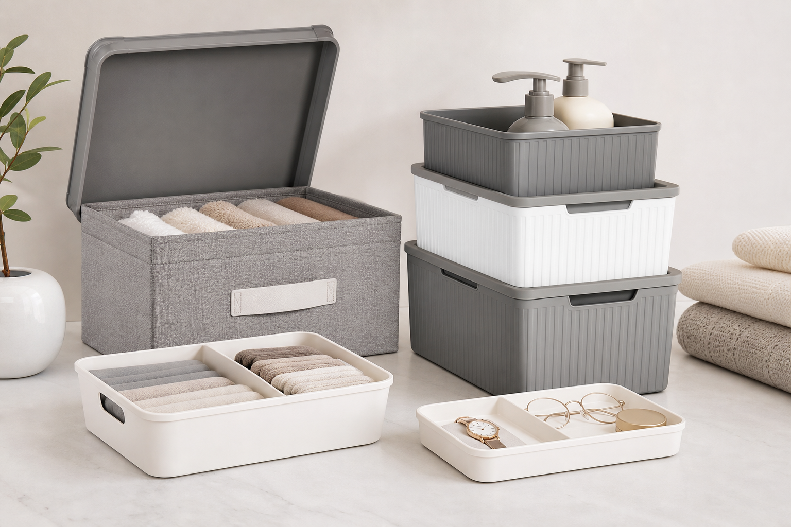 Minimal home living storage set with stackable bins, tray organizers, and soft-close box