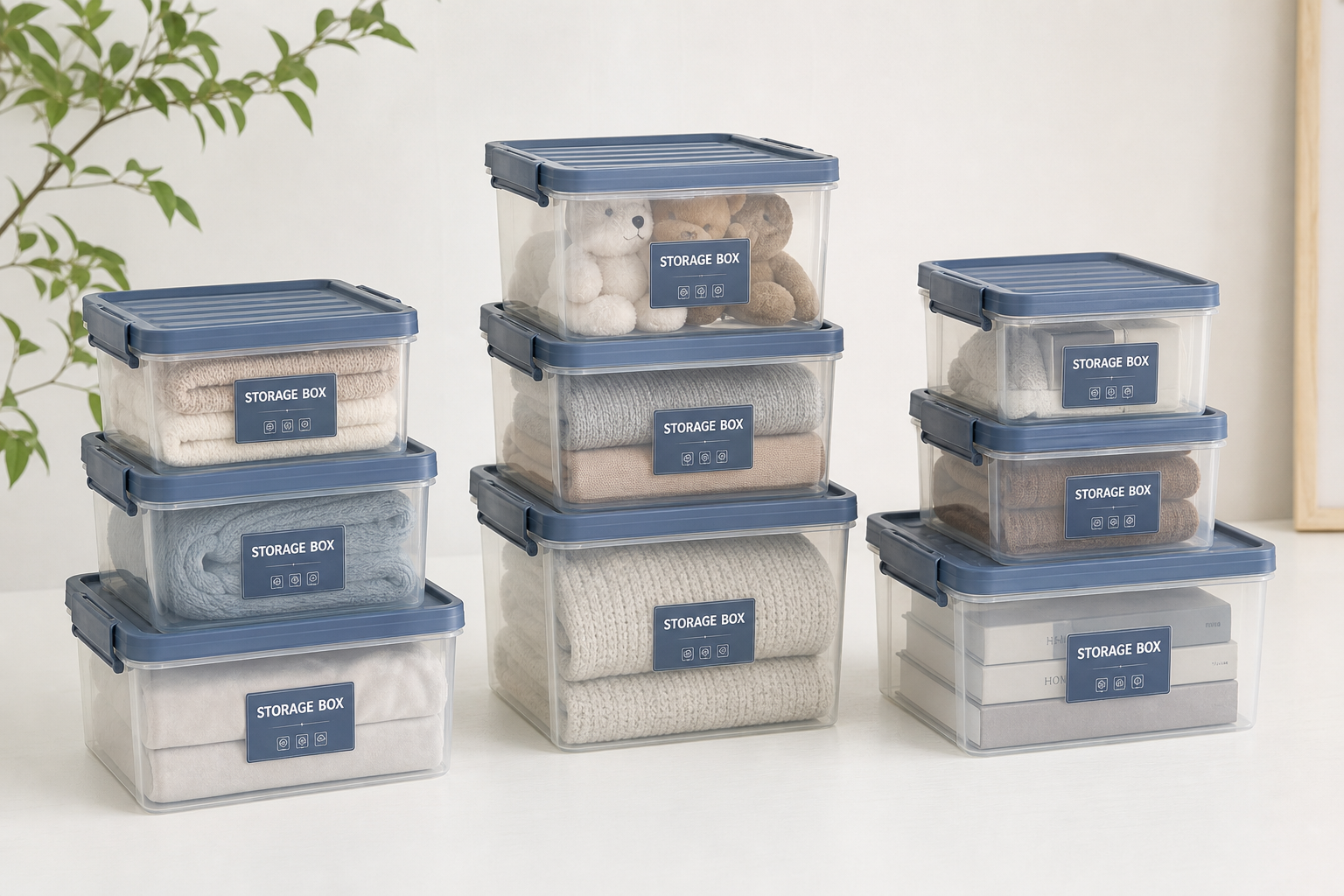 Stackable clear storage boxes with blue-grey lids and labels