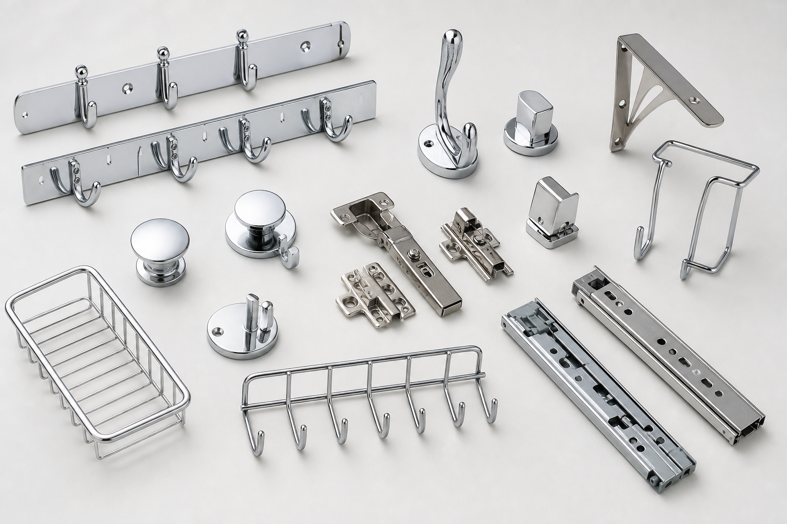 Assorted chrome hooks, shelf brackets, and drawer organizers arranged on a light surface