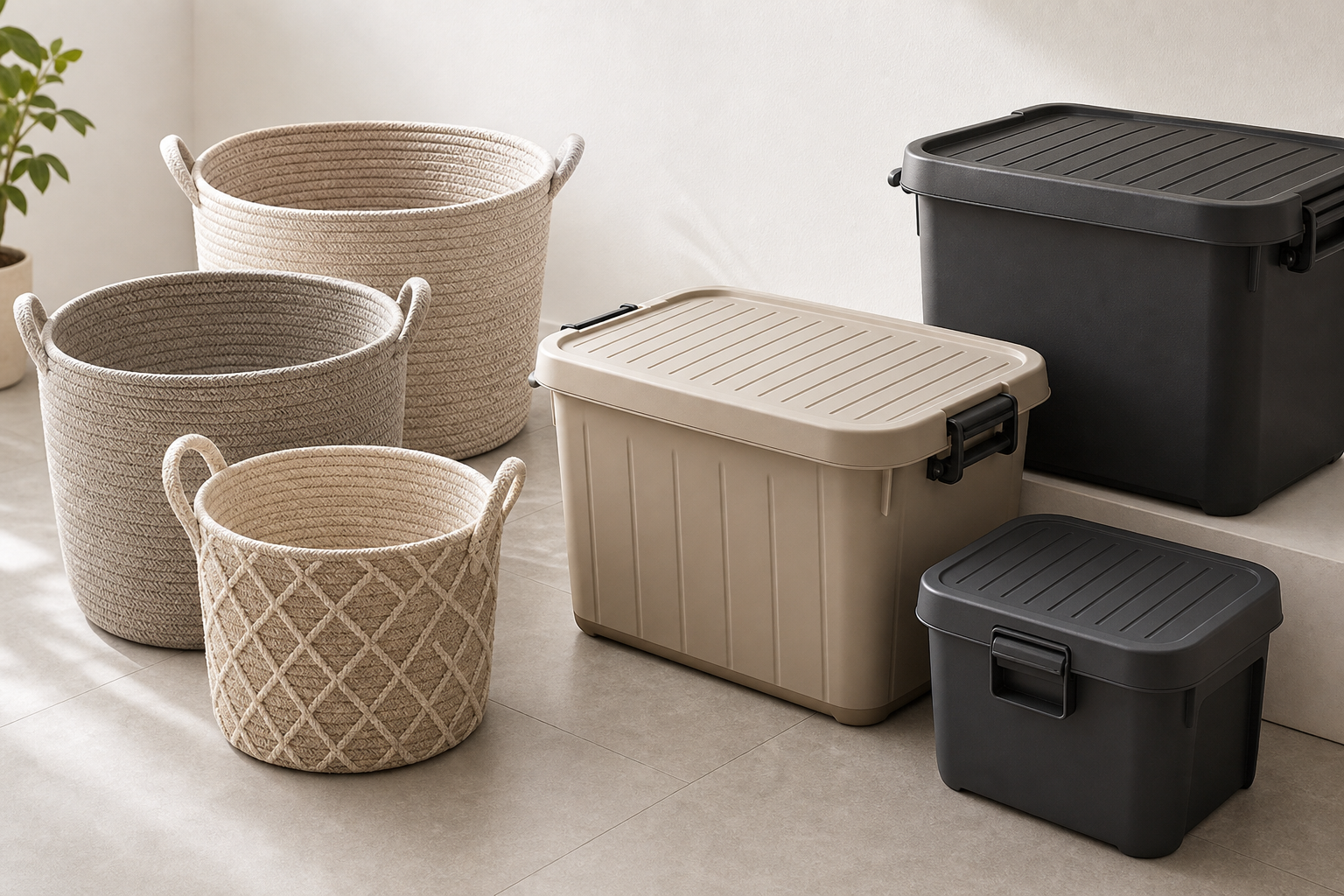 Neutral-toned woven storage baskets with handles and outdoor utility bins