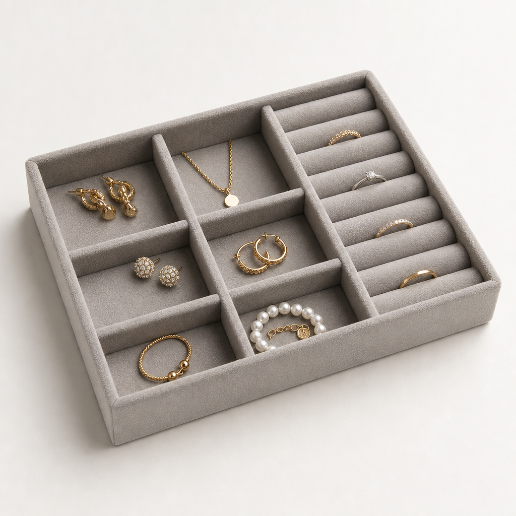 Velvet-lined jewelry storage tray in warm gray with ring and accessory slots