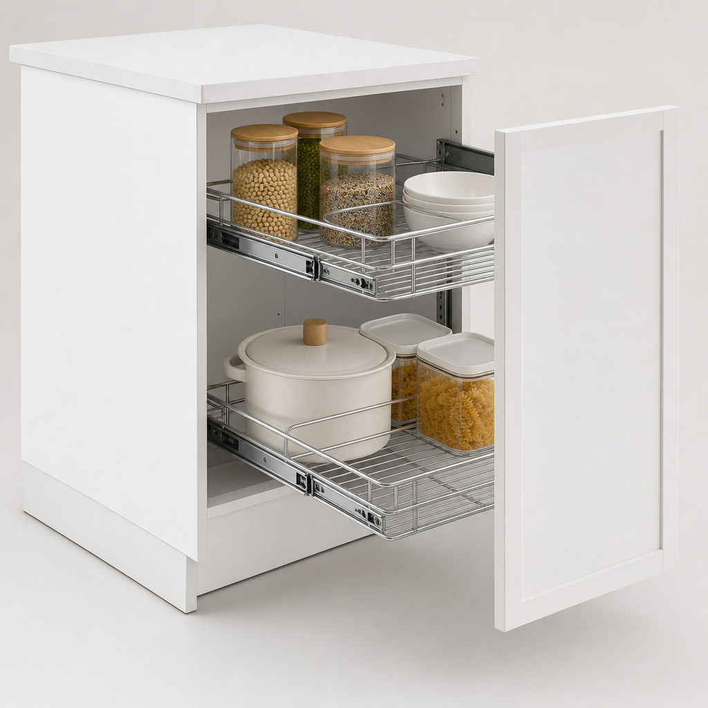 White modular kitchen storage unit with sliding baskets