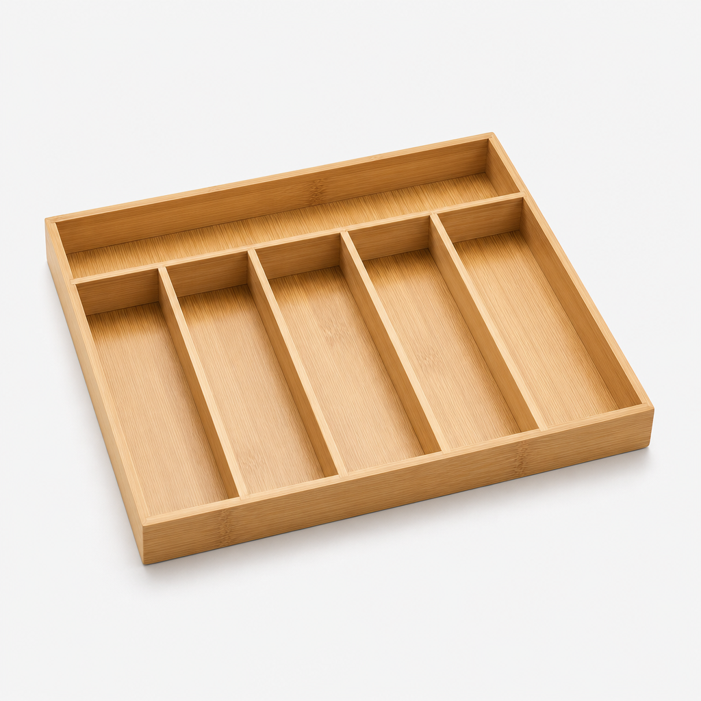 Rectangular bamboo kitchen utensil organizer tray with wide and narrow slots