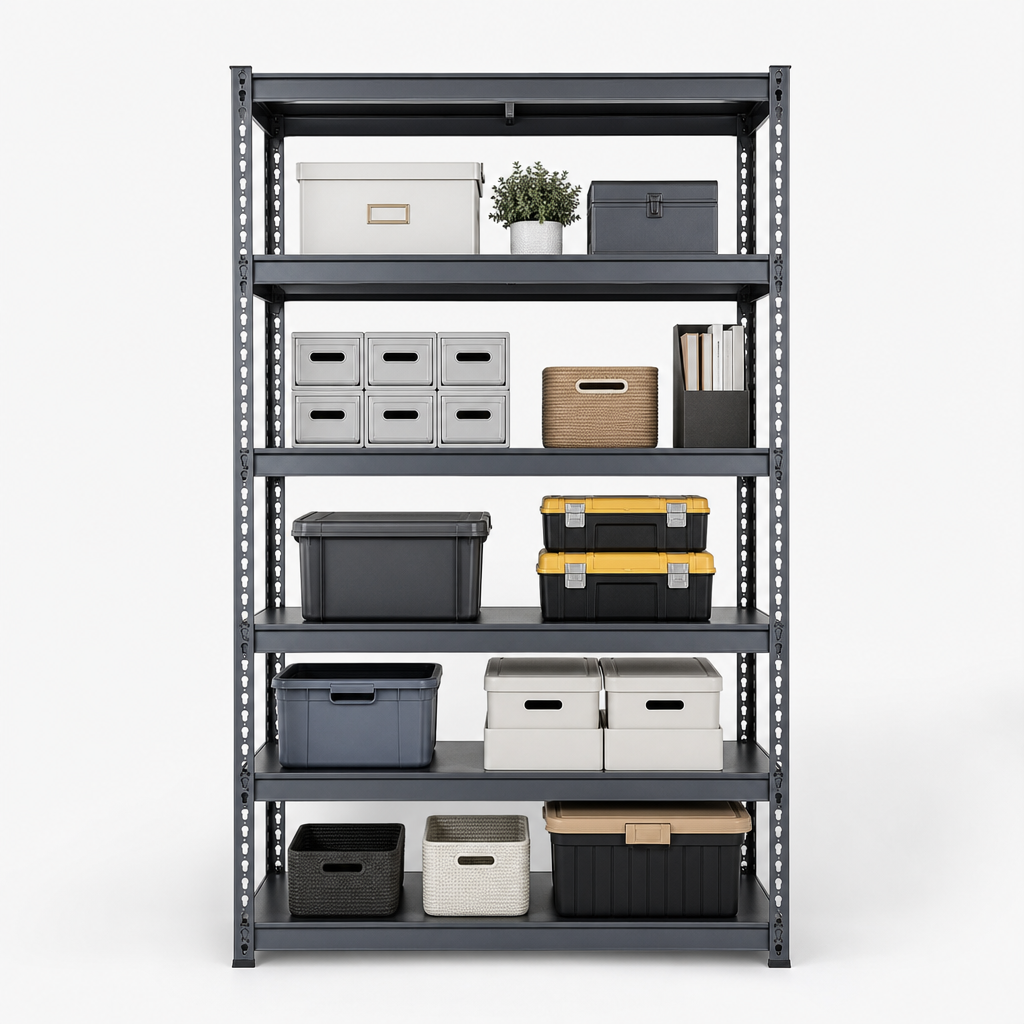 Industrial metal storage shelf unit with five adjustable tiers
