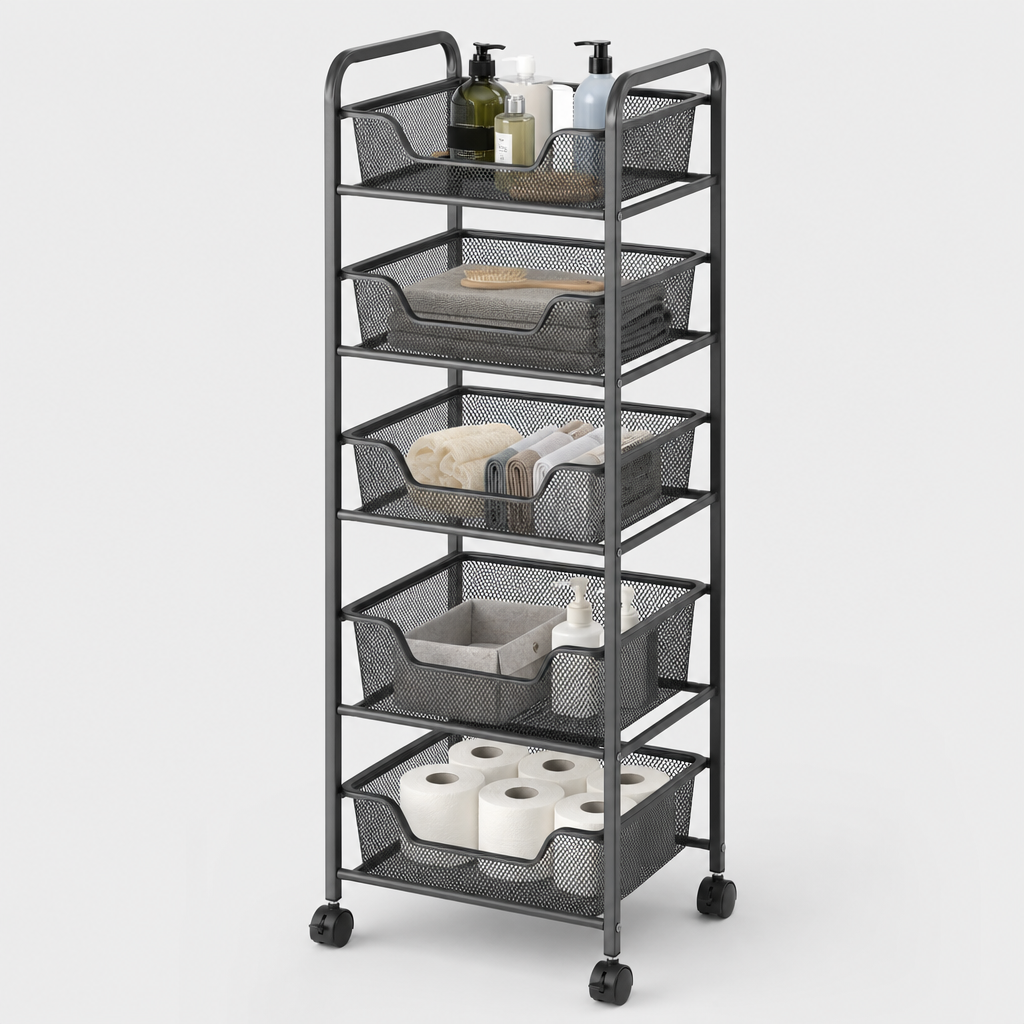Tall multilayer storage rack with matte graphite frame and mesh trays