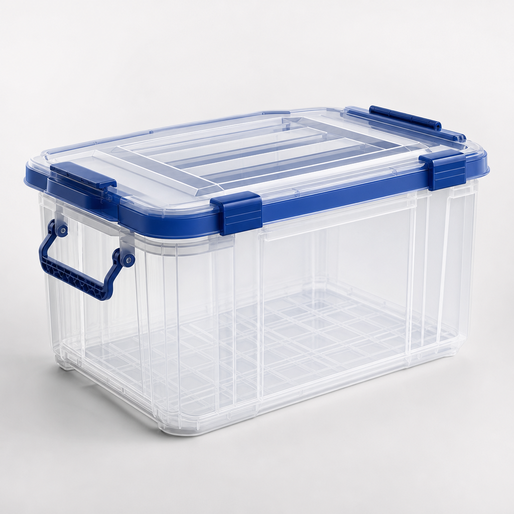 Clear plastic storage box with blue locking lids and reinforced handles