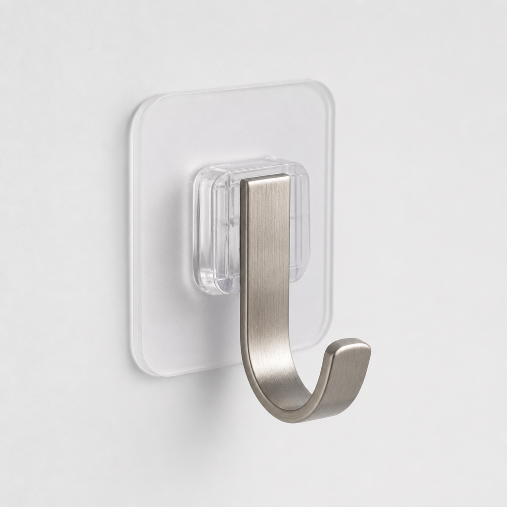 Clear self-adhesive hook with brushed metal hanger