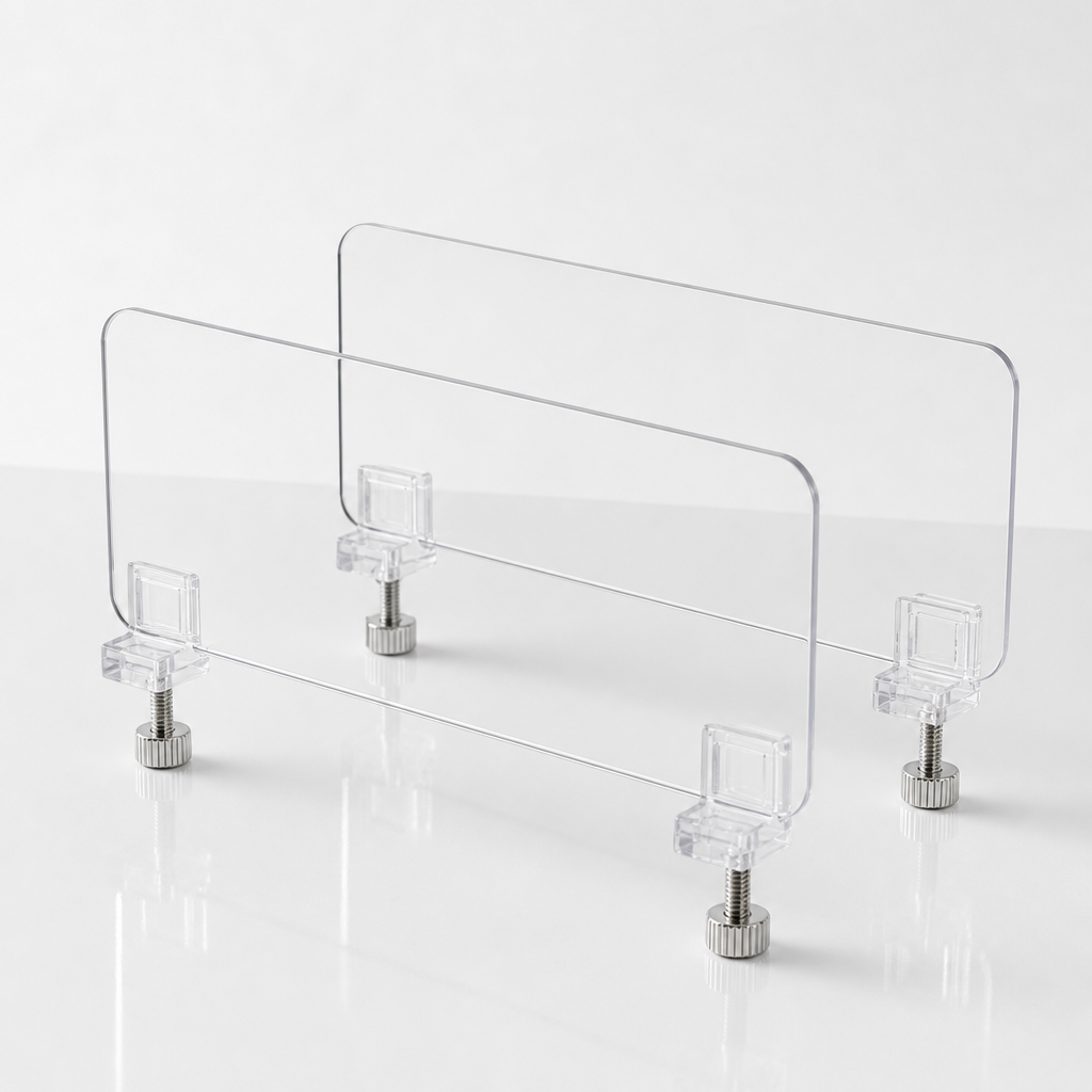 Clear acrylic shelf dividers with clamp mounts