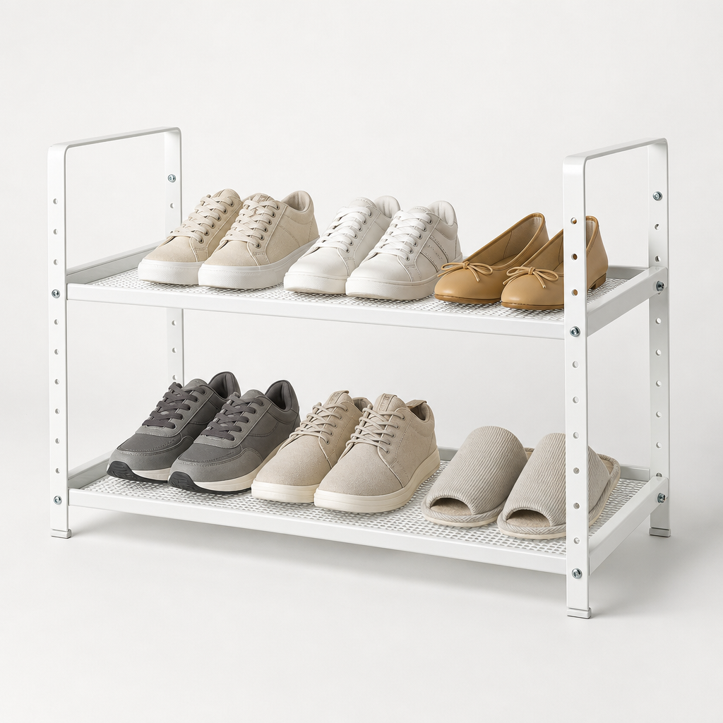 White metal shoe storage rack with two tiers and adjustable shelves