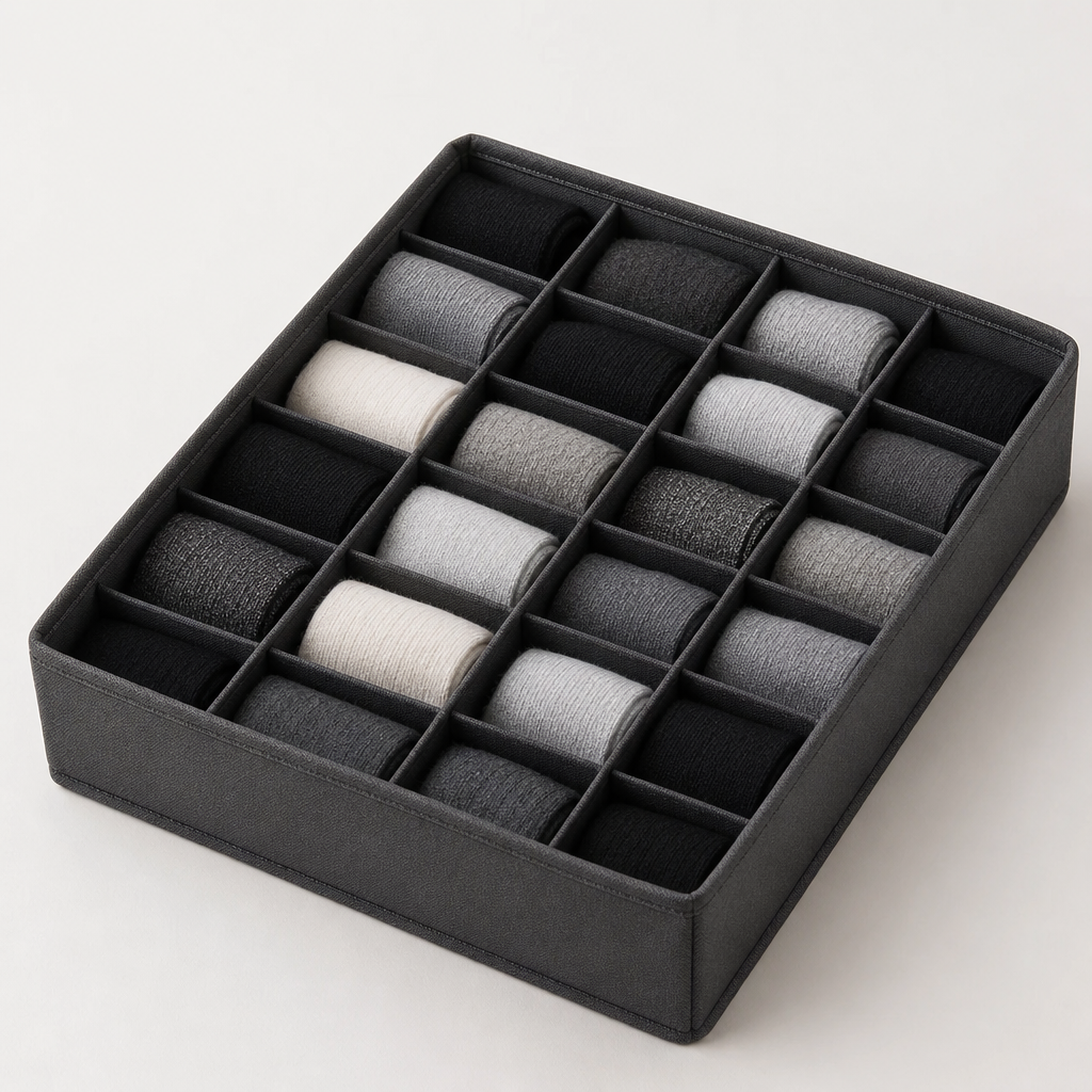 Compact charcoal sock organizer tray with slim grid compartments