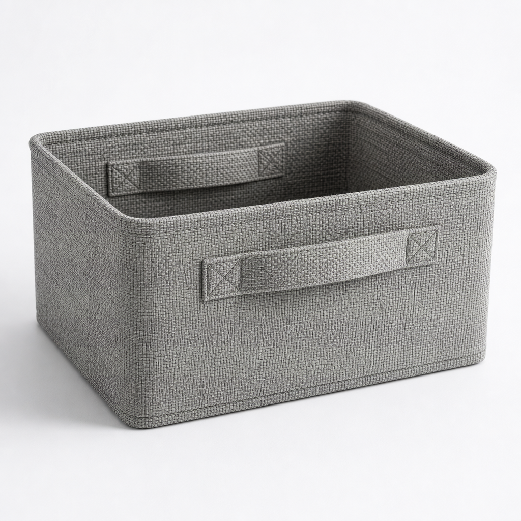 Woven grey fabric storage basket with stitched handles