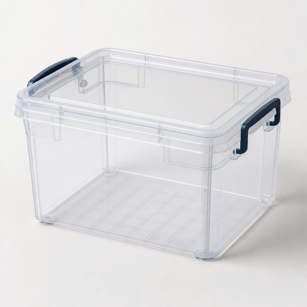 Clear polypropylene storage box with reinforced lid and side handles