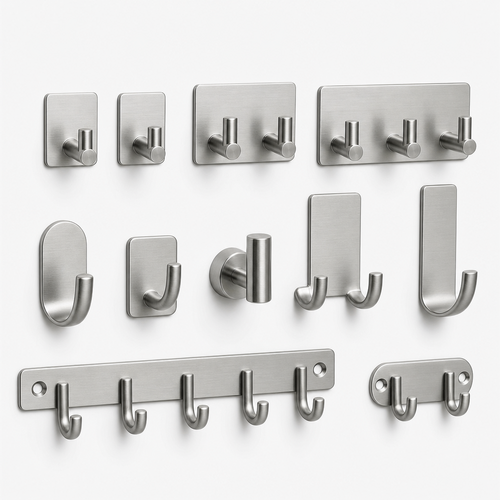 Set of brushed steel storage hooks with wall mounts