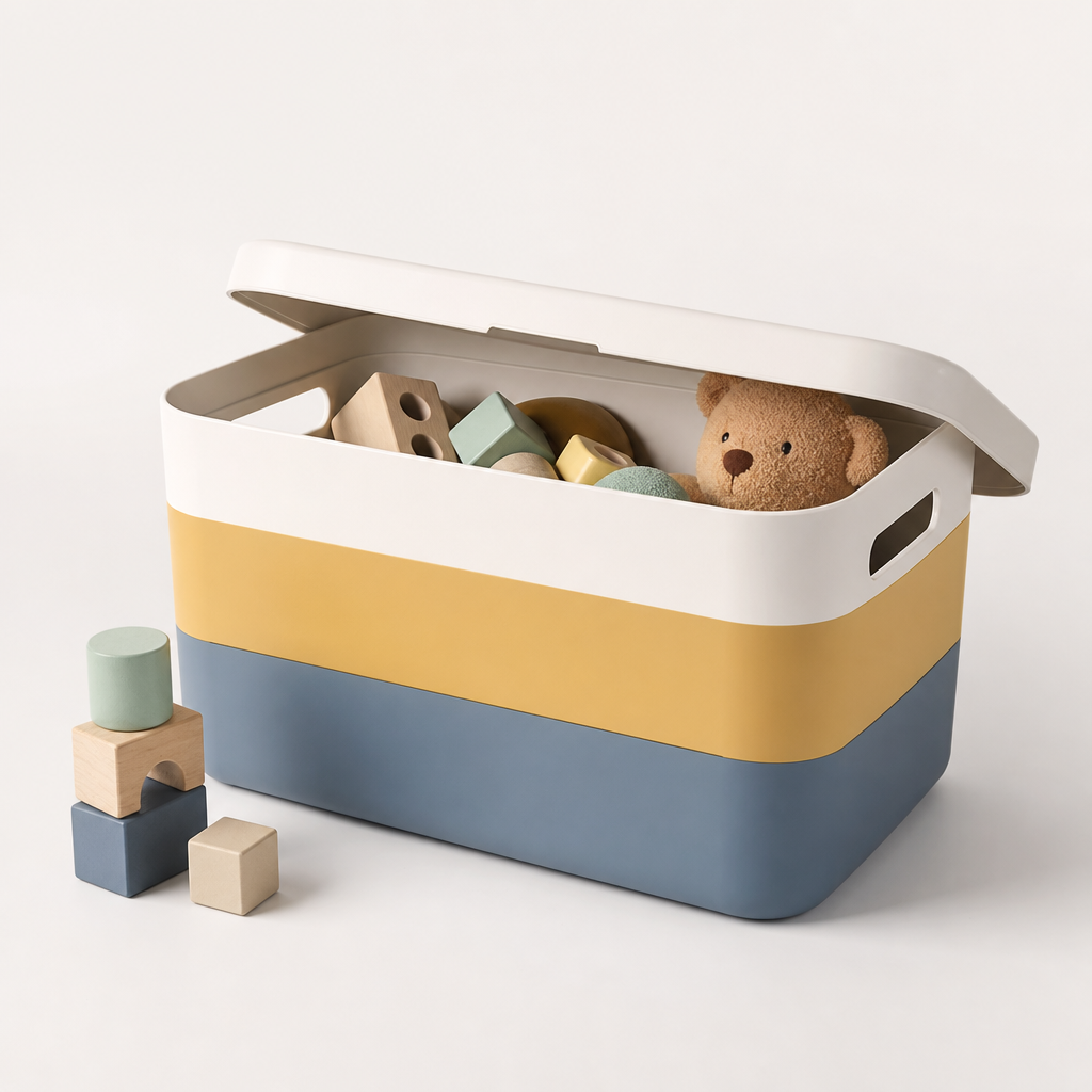 Color-block toy storage box with rounded corners and lift-off lid