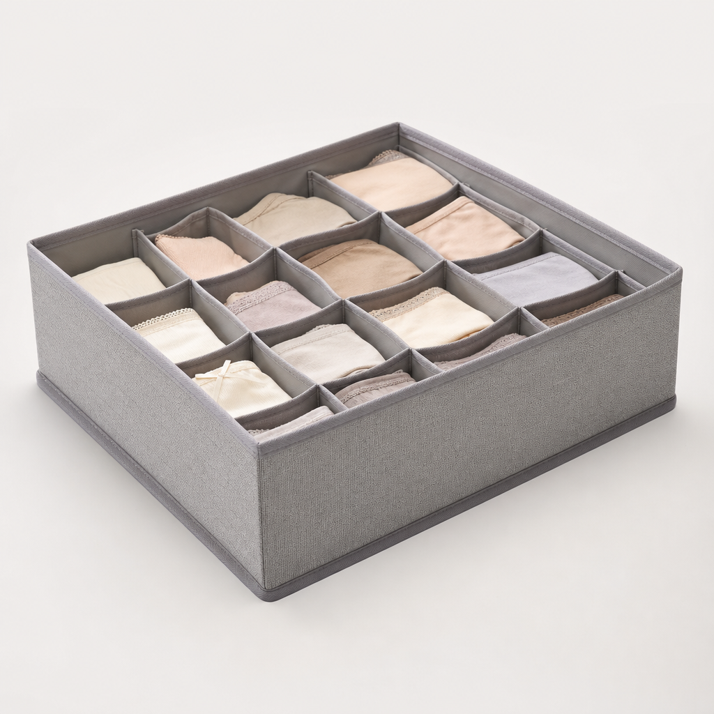 Soft fabric underwear storage box with grid compartments and reinforced edges