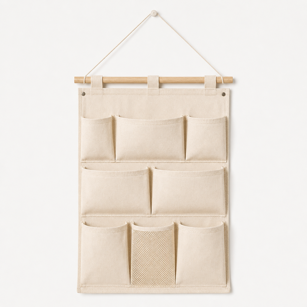 Beige canvas wall hanging organizer with multiple pockets
