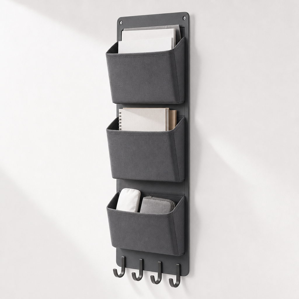 Slim graphite wall hanging storage rack with three textile pockets and sturdy hooks