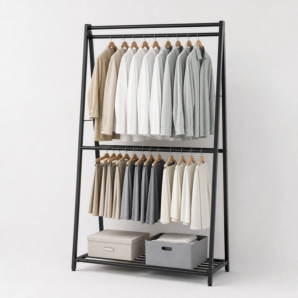 Black metal wardrobe storage rack with double hanging rails