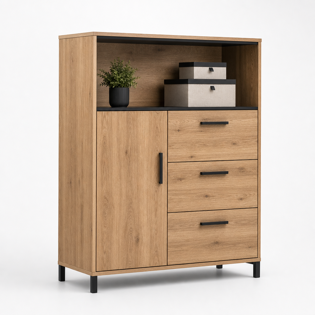 Modern oak wooden storage cabinet with matte black hardware and clean lines