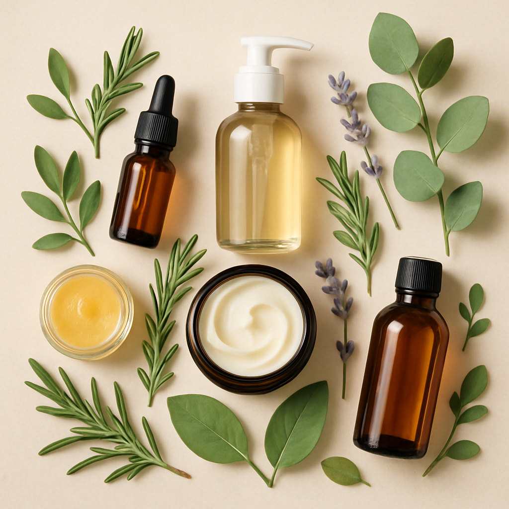 Natural skincare products with herbs and leaves